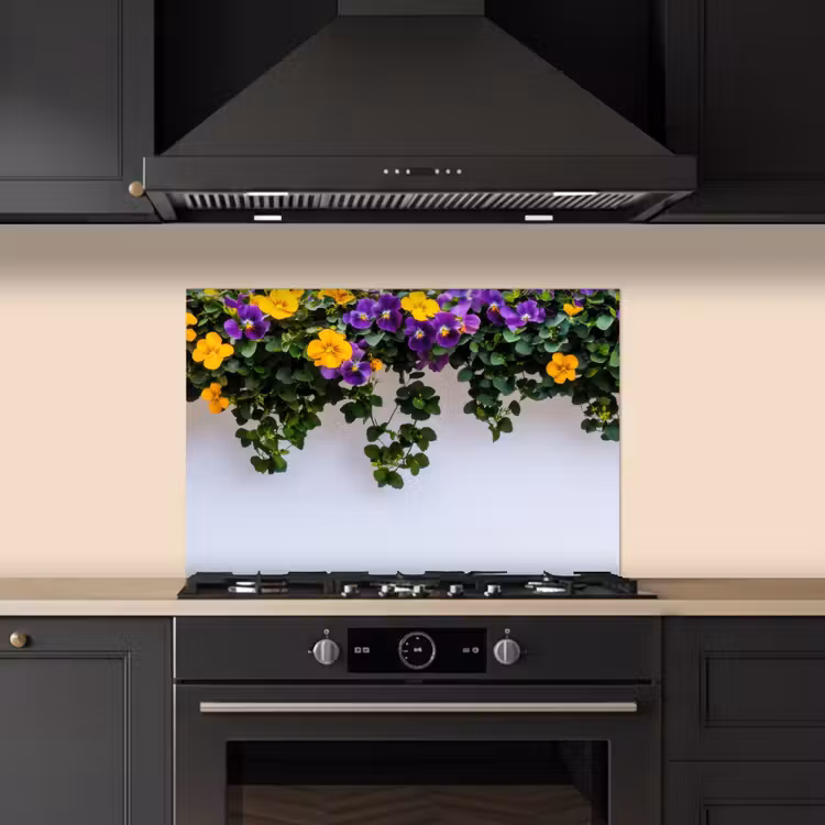 Spatscherm keuken - Bloemen - Muur - Geel - Paars — 1