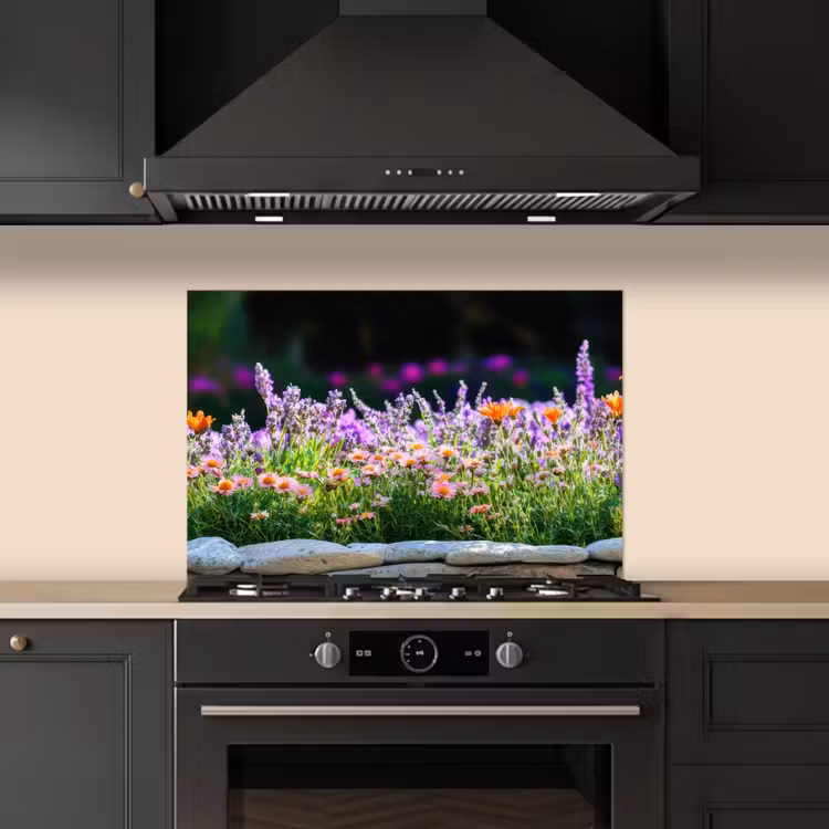 Spatscherm keuken - Bloemen - Steenrand - Kleurrijk — 1