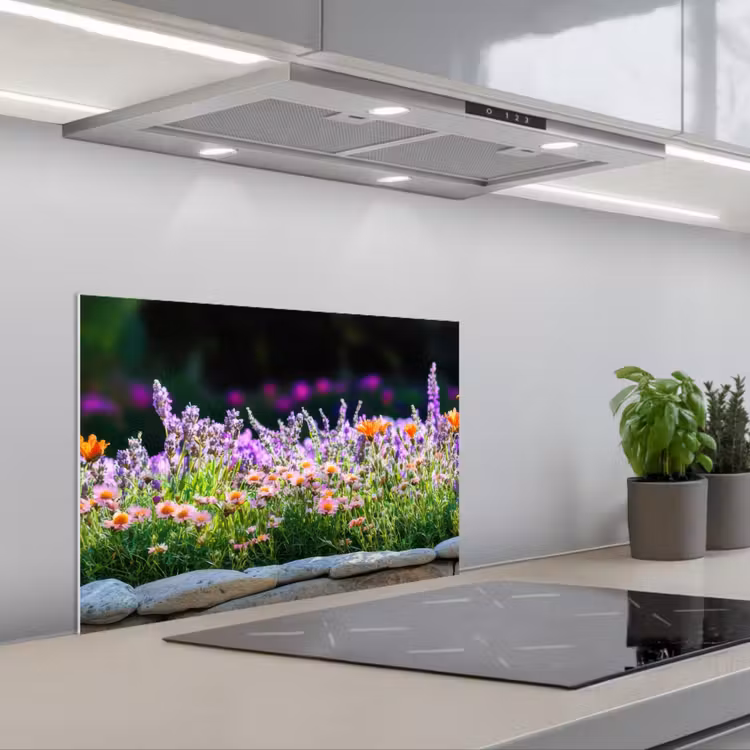 Spatscherm keuken - Bloemen - Steenrand - Kleurrijk — 4