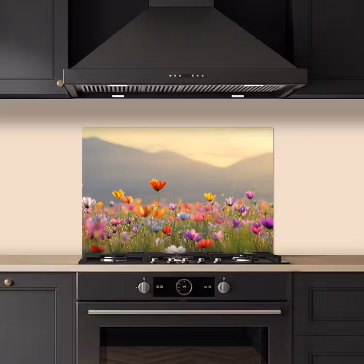 Spatscherm keuken - Bloemenveld - Bergen - Zonlicht - Bloemen — 1