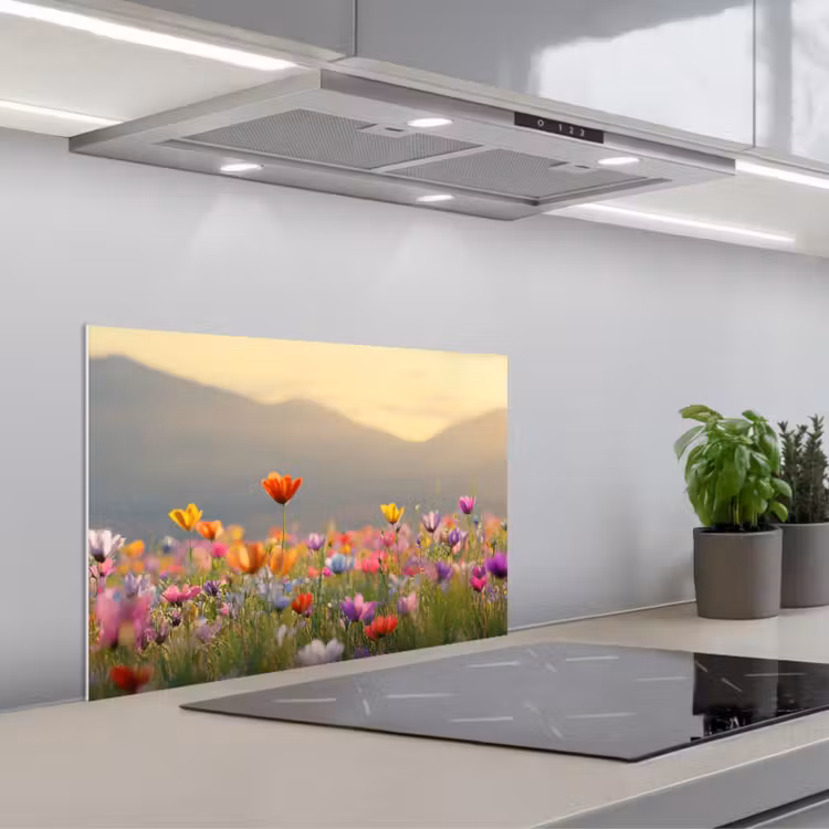 Spatscherm keuken - Bloemenveld - Bergen - Zonlicht - Bloemen — 4
