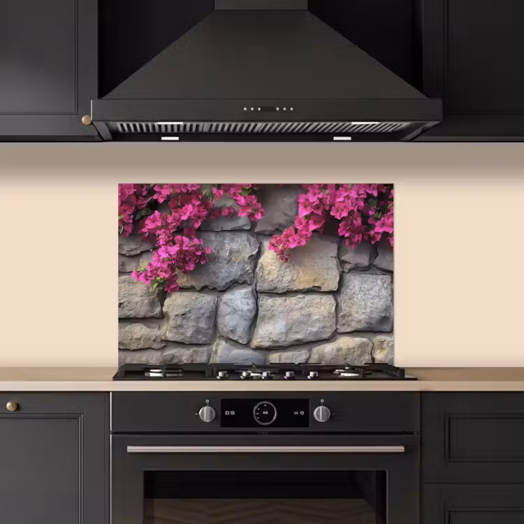 Spatscherm keuken - Bougainvillea - Stenen Muur - Roze — 1