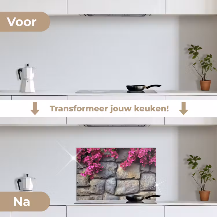 Spatscherm keuken - Bougainvillea - Stenen Muur - Roze — 2