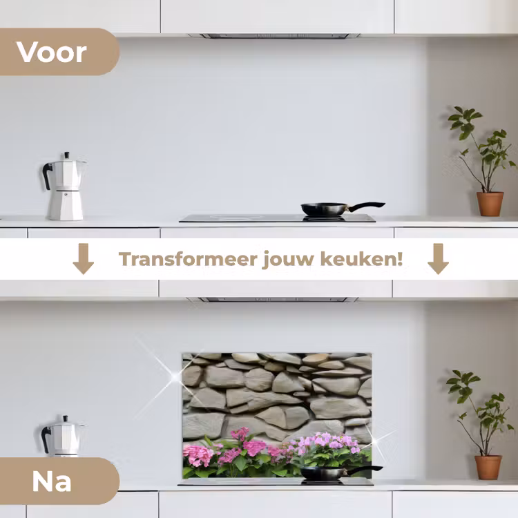 Spatscherm keuken - Hortensia’s - Stenen - Muur - Bloemen — 2