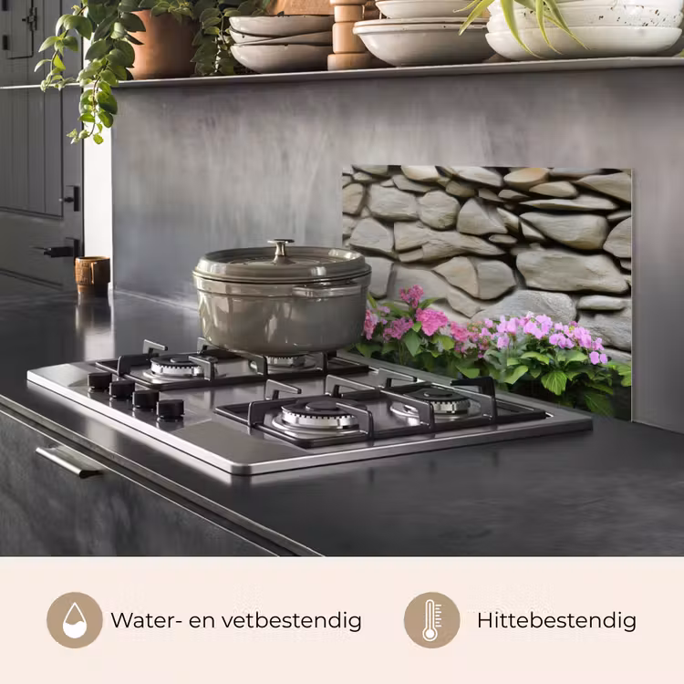 Spatscherm keuken - Hortensia’s - Stenen - Muur - Bloemen — 6