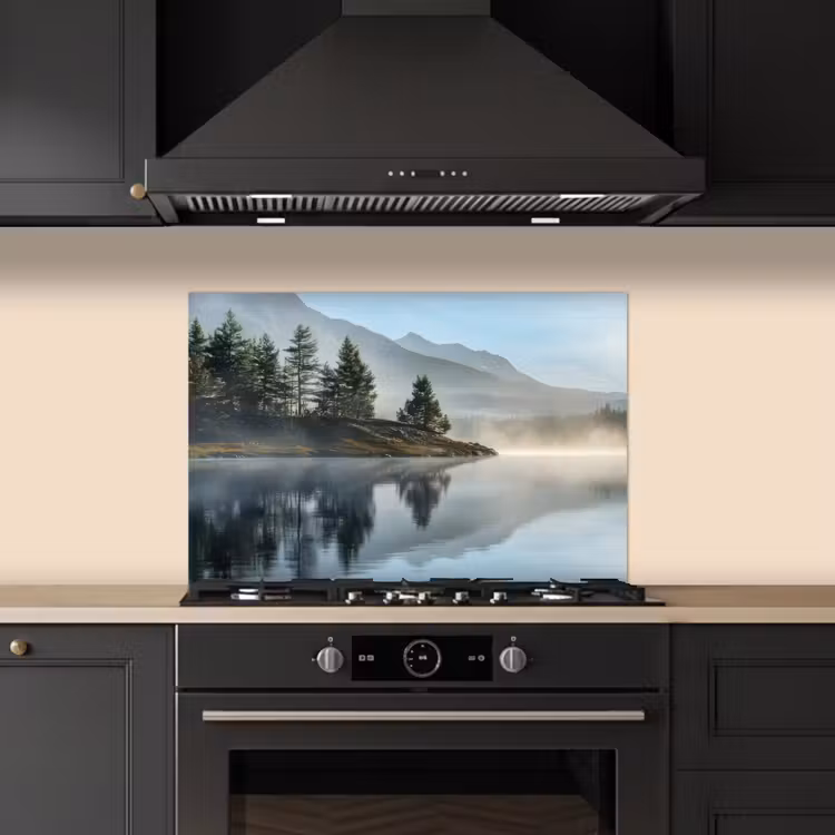 Spatscherm keuken - Meer - Mist - Bergen - Landschap — 1