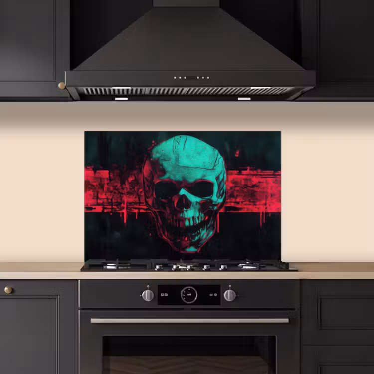 Spatscherm keuken - Schedel - Cyberpunk - Neon Rood — 1