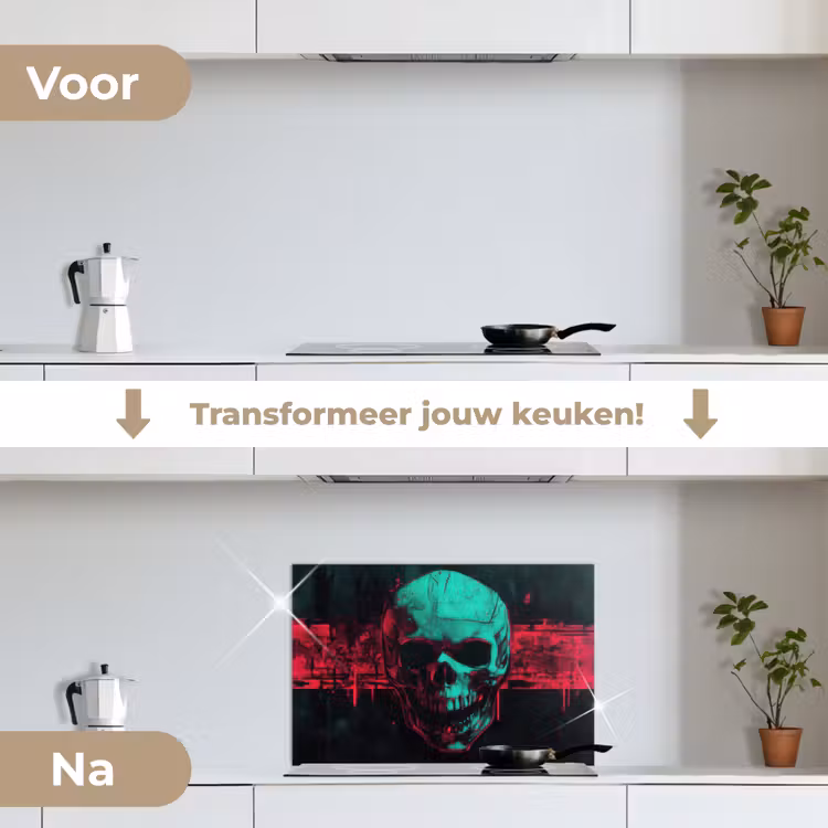Spatscherm keuken - Schedel - Cyberpunk - Neon Rood — 2