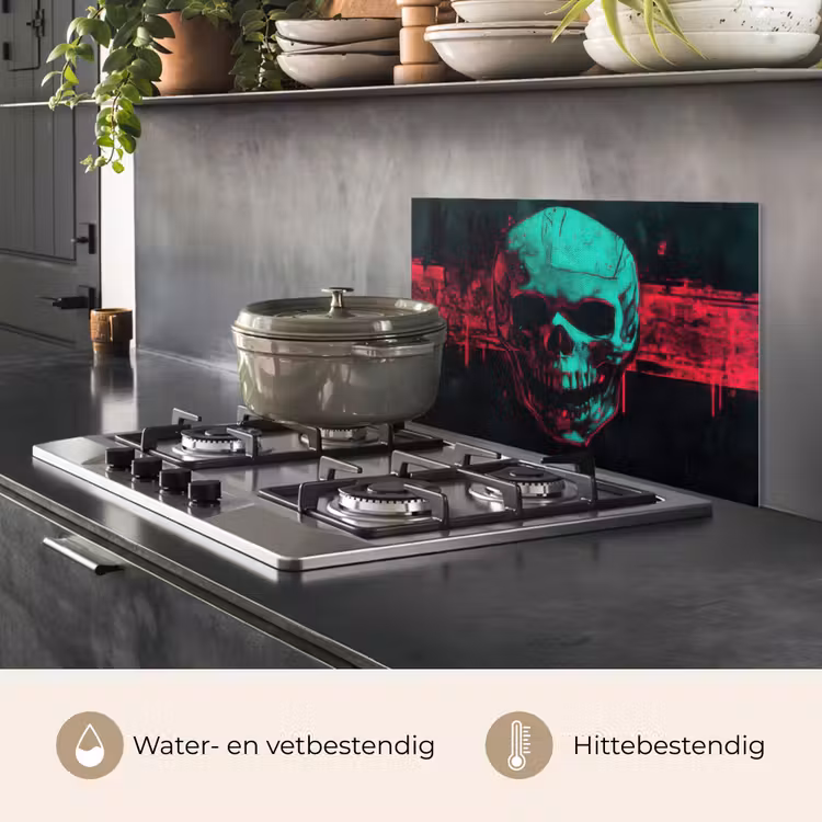 Spatscherm keuken - Schedel - Cyberpunk - Neon Rood — 6