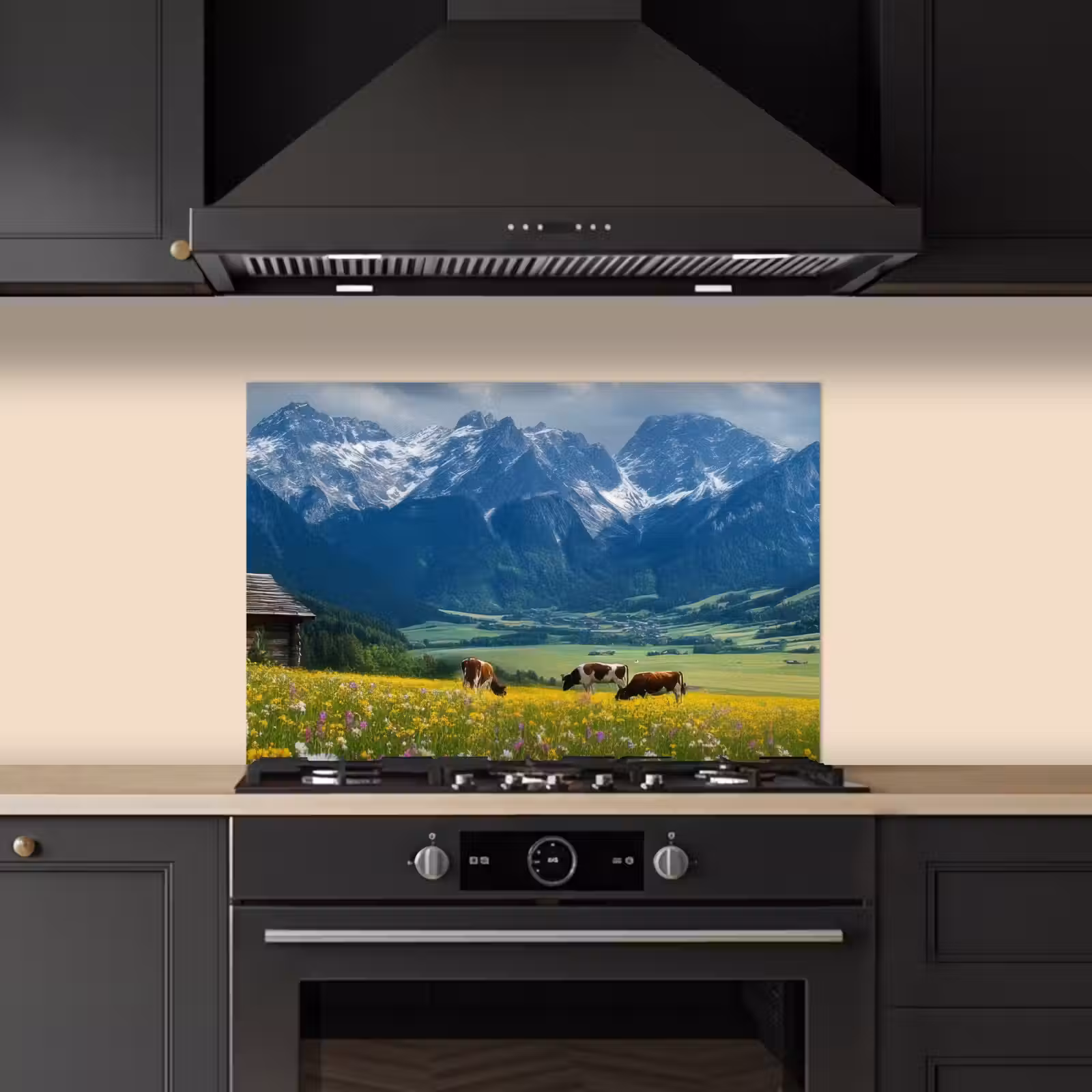 Spatscherm keuken - Alpen - Weide - Bergen - Koeien — 1