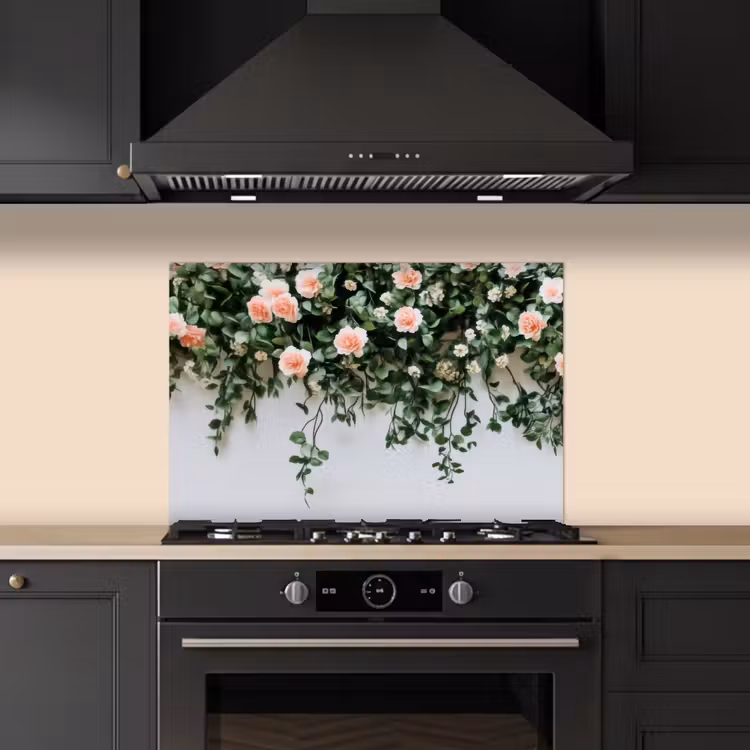 Spatscherm keuken - Bloemen - Muur - Rozen - Groen — 1