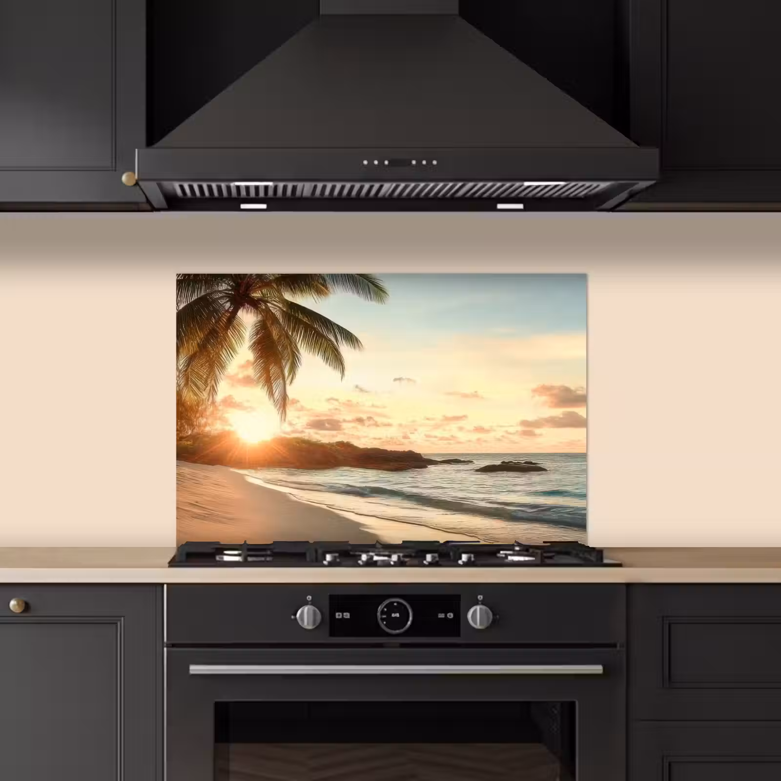 Spatscherm keuken - Strand - Palmbomen - Oceaan - Zonsondergang — 1