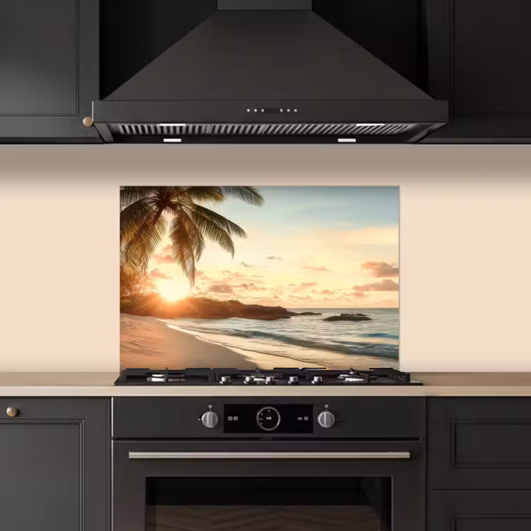 Spatscherm keuken - Strand - Palmbomen - Oceaan - Zonsondergang — 1