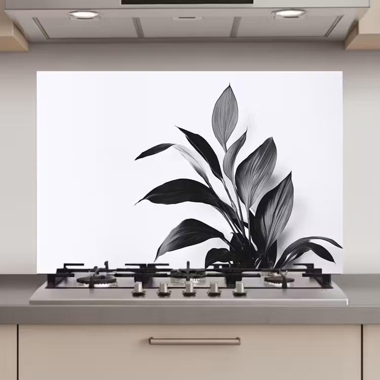 Spatscherm keuken - Plant - Bladeren - Minimalistisch - Zwart — 1