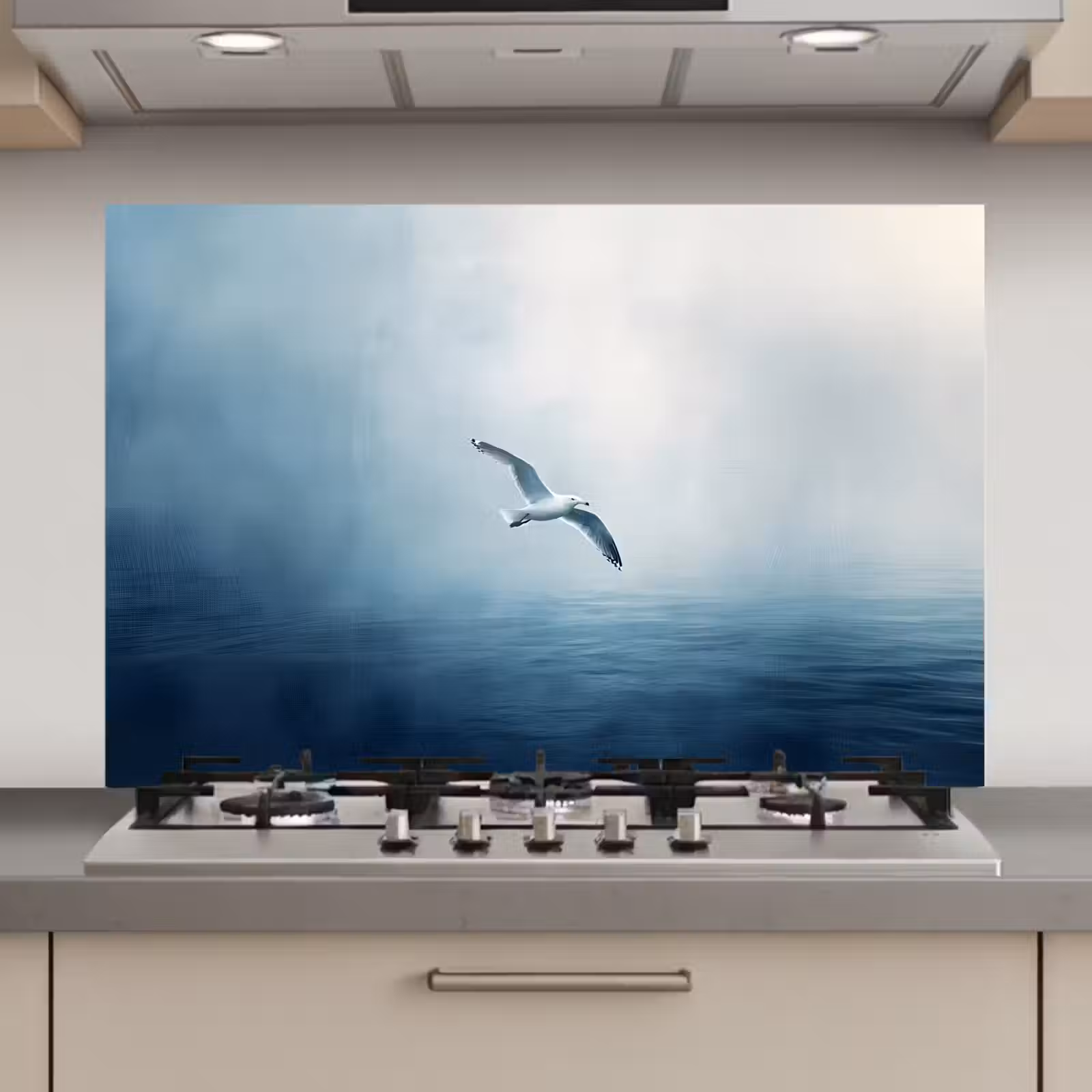 Spatscherm keuken - Meeuw - Wit - Zee - Mistig — 1