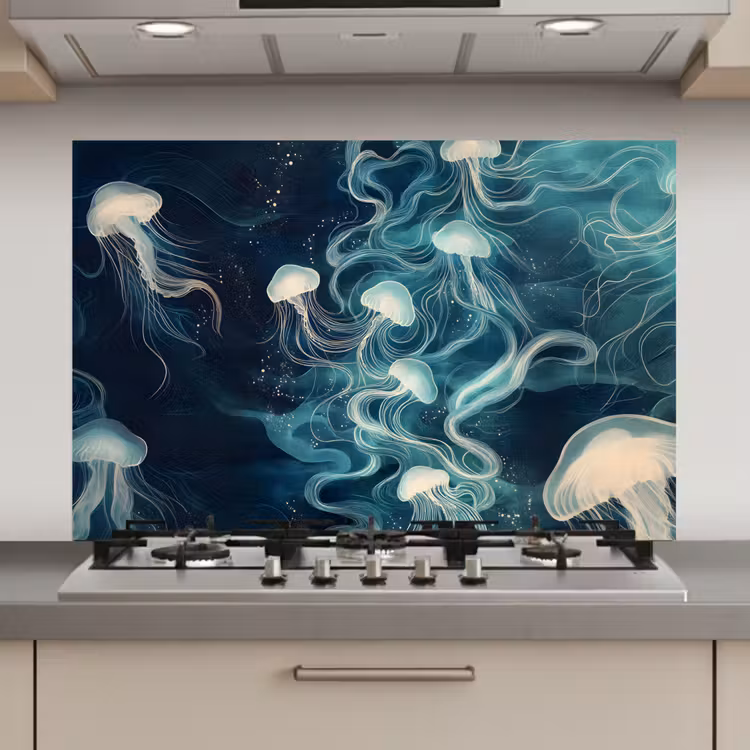 Spatscherm keuken - Kwallen - Zee - Wit - Golven — 1