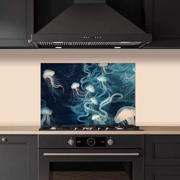 Spatscherm keuken - Kwallen - Zee - Wit - Golven — 2