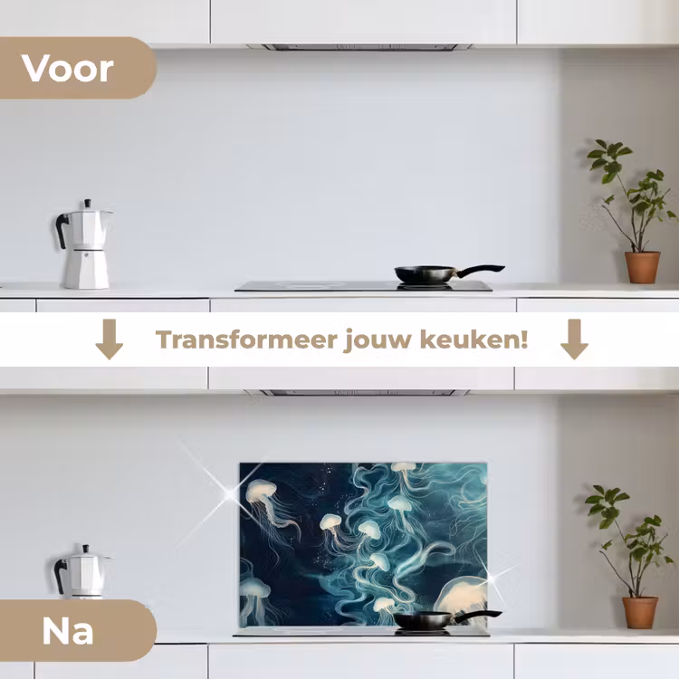Spatscherm keuken - Kwallen - Zee - Wit - Golven — 3