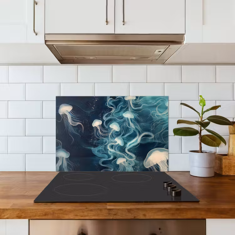 Spatscherm keuken - Kwallen - Zee - Wit - Golven — 6