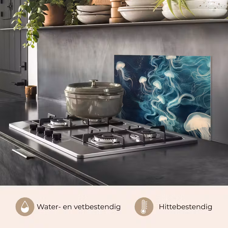 Spatscherm keuken - Kwallen - Zee - Wit - Golven — 7