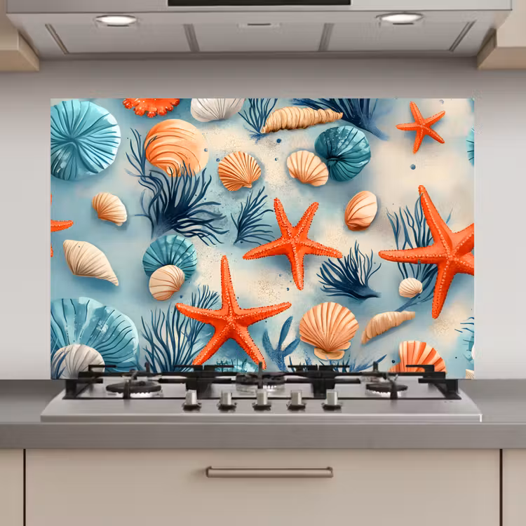 Spatscherm keuken - Zeesterren - Schelpen - Illustratie - Zand — 1