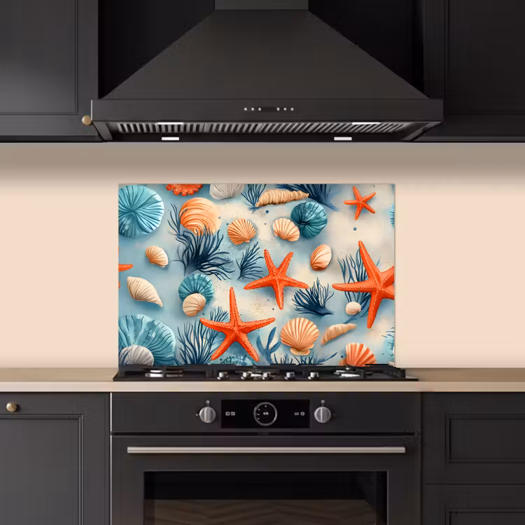 Spatscherm keuken - Zeesterren - Schelpen - Illustratie - Zand — 2
