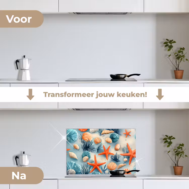 Spatscherm keuken - Zeesterren - Schelpen - Illustratie - Zand — 3