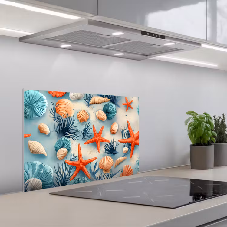 Spatscherm keuken - Zeesterren - Schelpen - Illustratie - Zand — 5