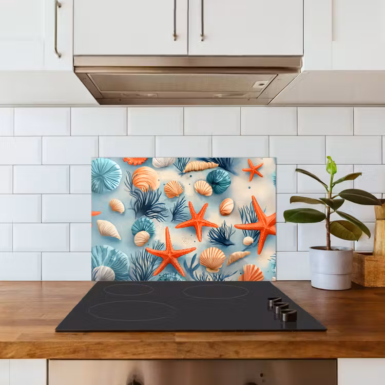 Spatscherm keuken - Zeesterren - Schelpen - Illustratie - Zand — 6