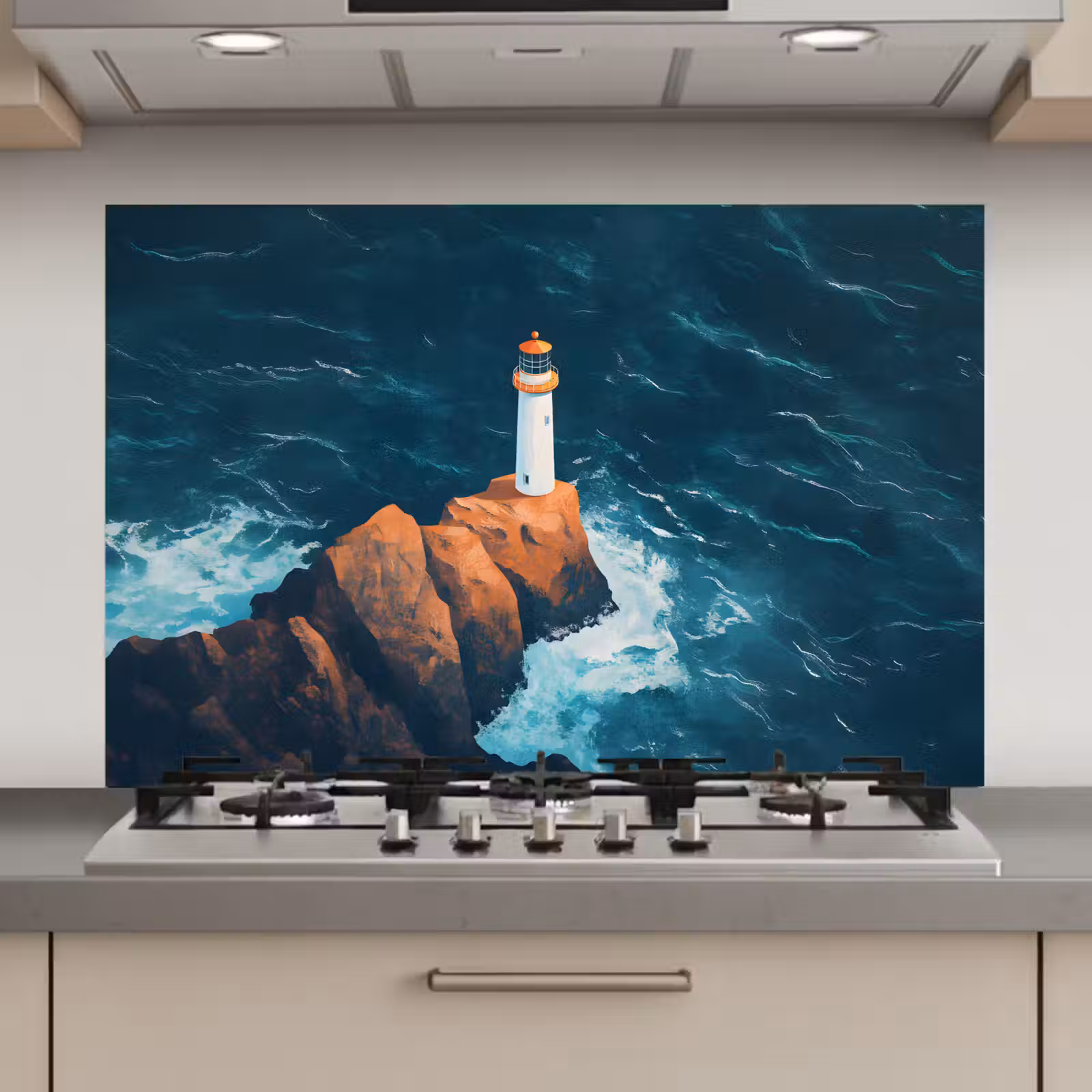 Spatscherm keuken - Vuurtoren - Rots - Zee - Golven — 1