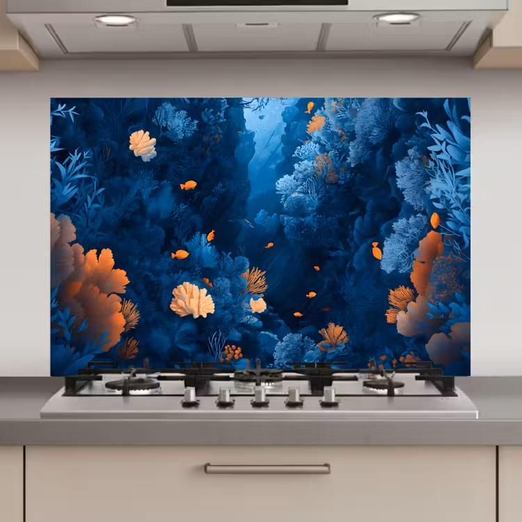 Spatscherm keuken - Koraalrif - Vissen - Oceaan - Blauw — 1