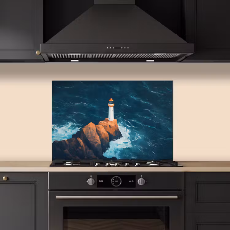 Spatscherm keuken - Vuurtoren - Rots - Zee - Golven — 2