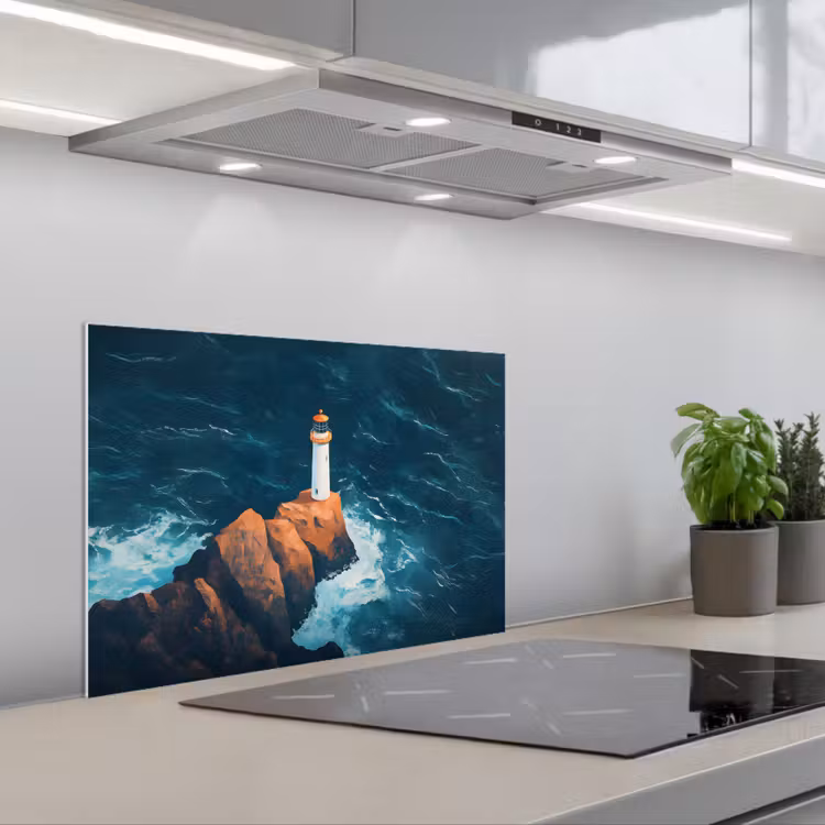 Spatscherm keuken - Vuurtoren - Rots - Zee - Golven — 5