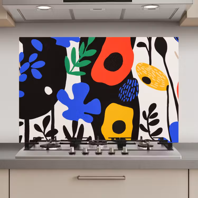 Spatscherm keuken - Bloemen - Bladeren - Abstract - Zwart — 1