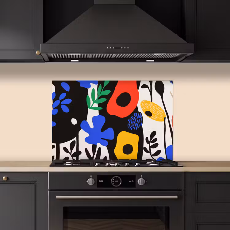 Spatscherm keuken - Bloemen - Bladeren - Abstract - Zwart — 2