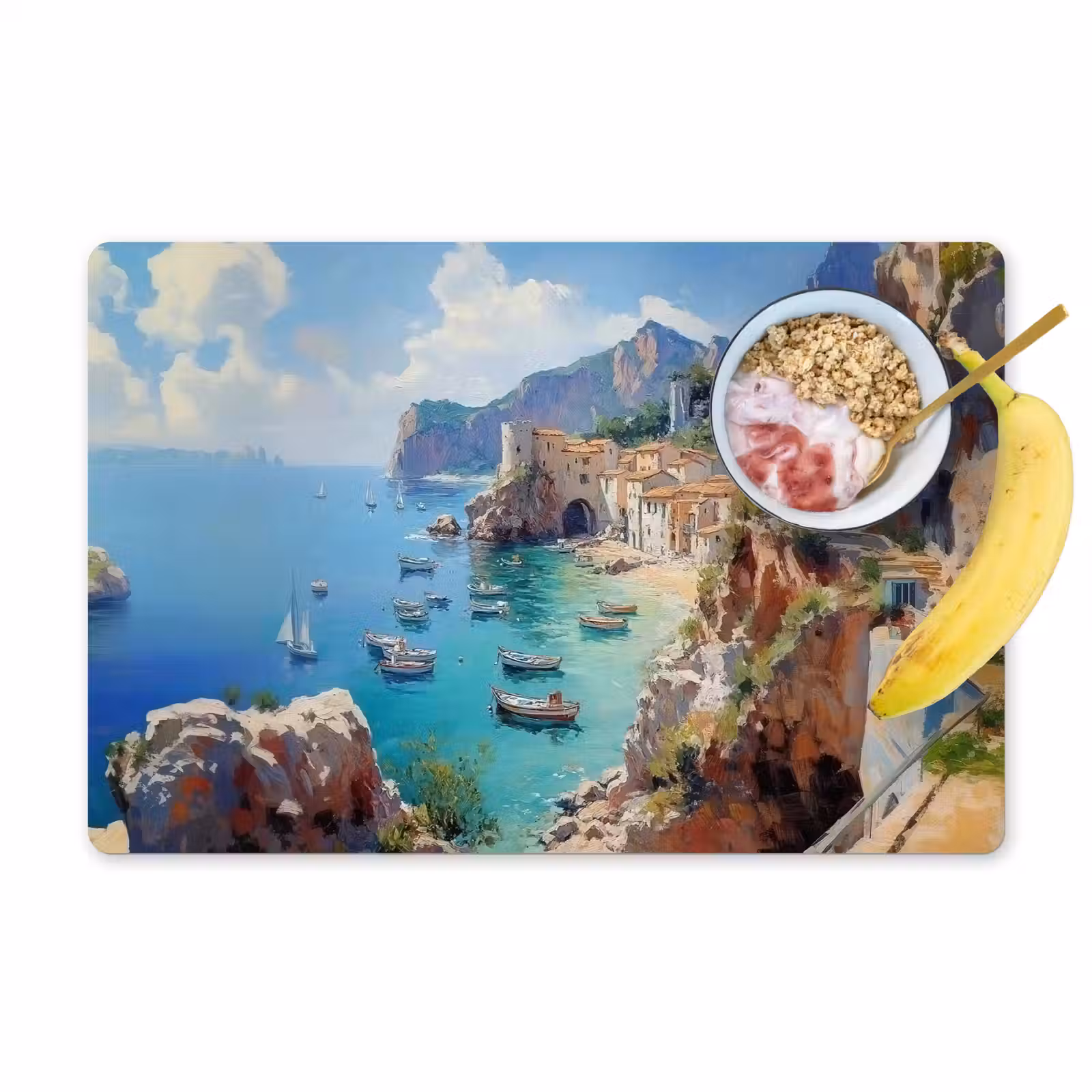 Placemat - 6 stuks - Kustdorp - Schilderij - Rotsen - Boten — 1