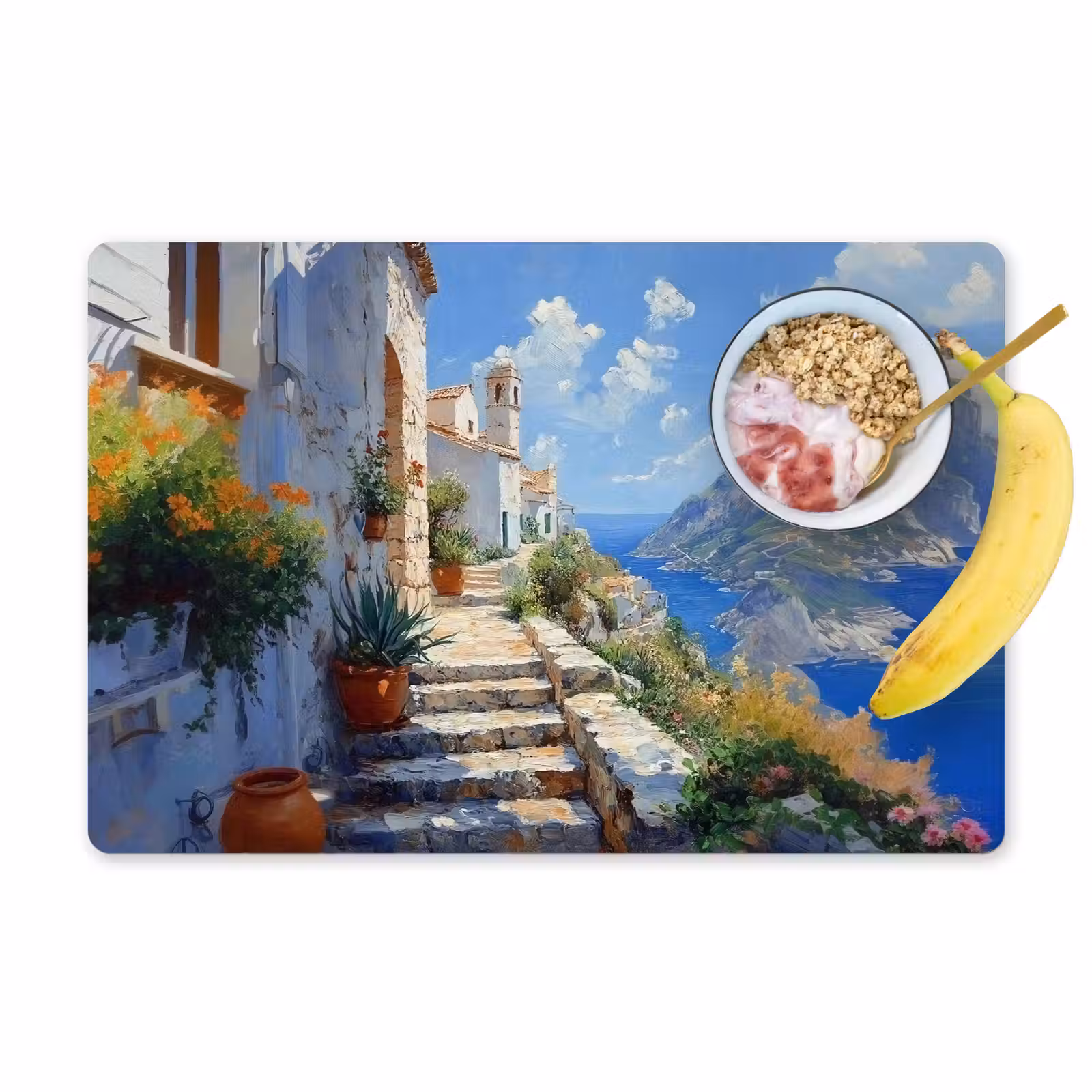 Placemat - 6 stuks - Trap - Huizen - Berglandschap - Zee — 1