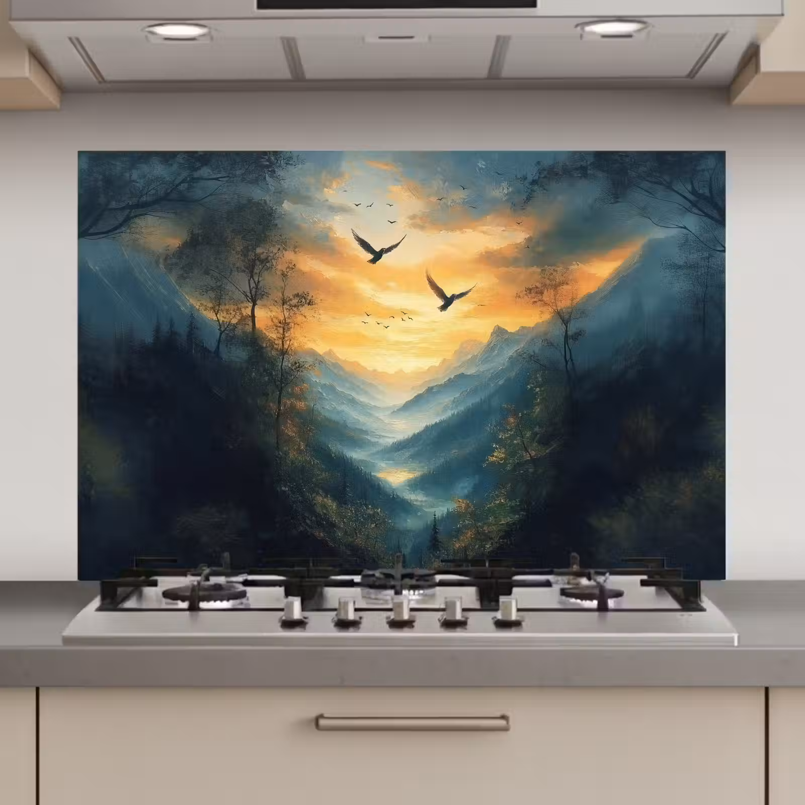 Spatscherm keuken - Vogels - Zon - Bomen - Groen — 1