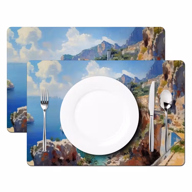 Placemat - 6 stuks - Kustdorp - Schilderij - Rotsen - Boten — 2