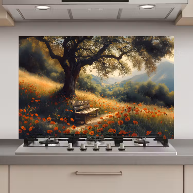 Spatscherm keuken - Bankje - Boom - Klaprozen - Heuvels — 1