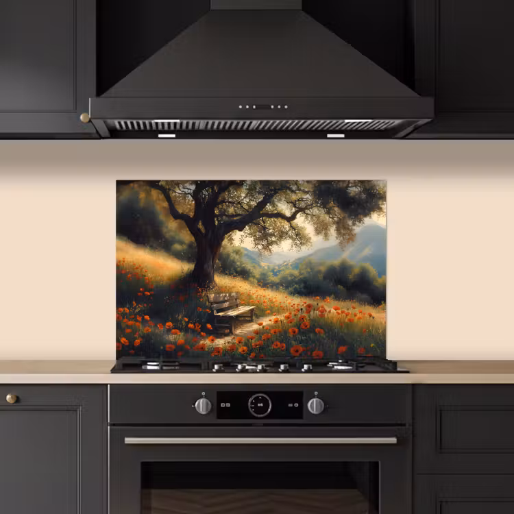 Spatscherm keuken - Bankje - Boom - Klaprozen - Heuvels — 2