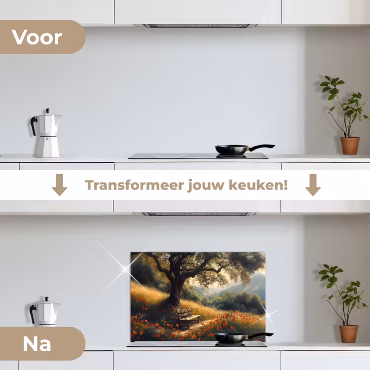 Spatscherm keuken - Bankje - Boom - Klaprozen - Heuvels — 3