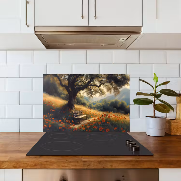 Spatscherm keuken - Bankje - Boom - Klaprozen - Heuvels — 6