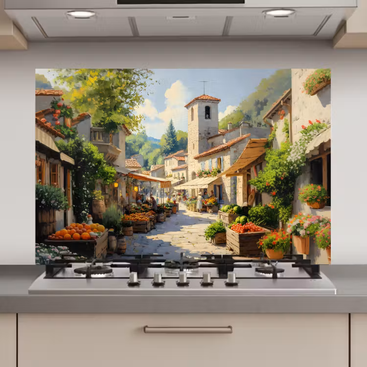 Spatscherm keuken - Dorp - Zon - Kraampjes - Huizen — 1