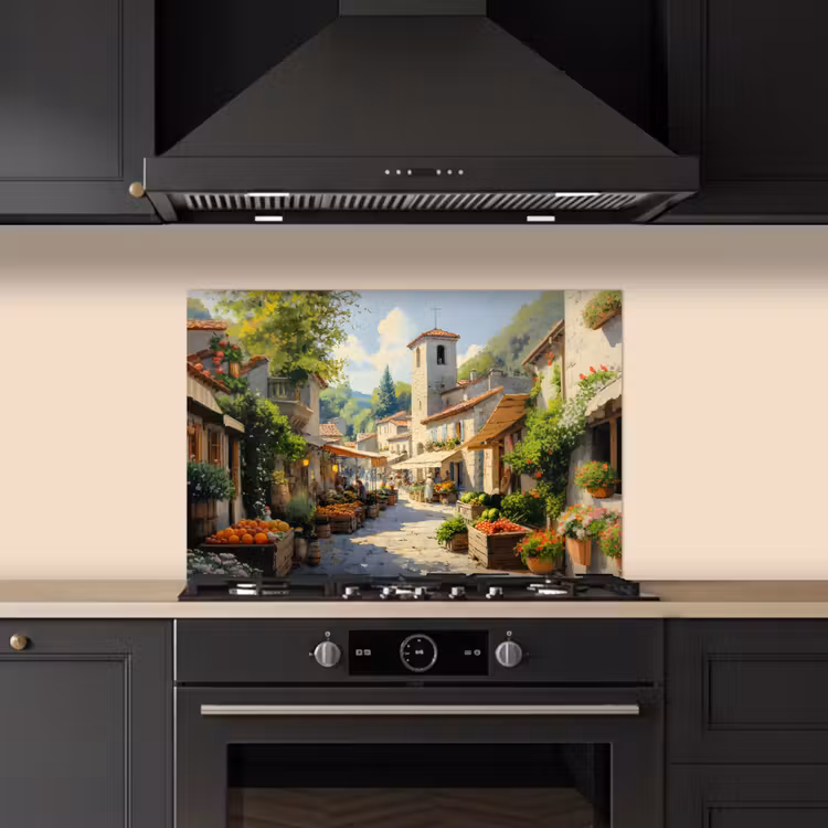 Spatscherm keuken - Dorp - Zon - Kraampjes - Huizen — 2