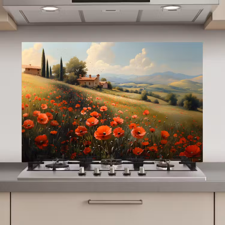 Spatscherm keuken - Klaprozen - Rood - Heuvels - Landschap — 1
