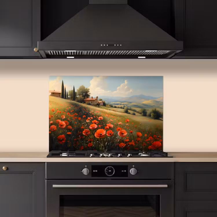 Spatscherm keuken - Klaprozen - Rood - Heuvels - Landschap — 2