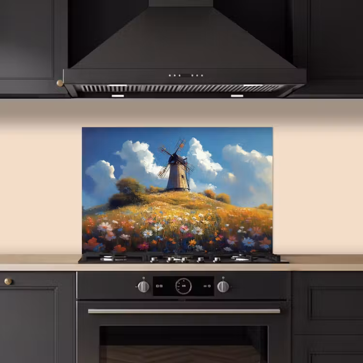Spatscherm keuken - Windmolen - Heuvel - Bloemen - Kleurrijk — 2