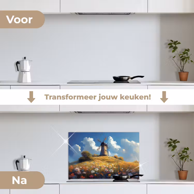 Spatscherm keuken - Windmolen - Heuvel - Bloemen - Kleurrijk — 3