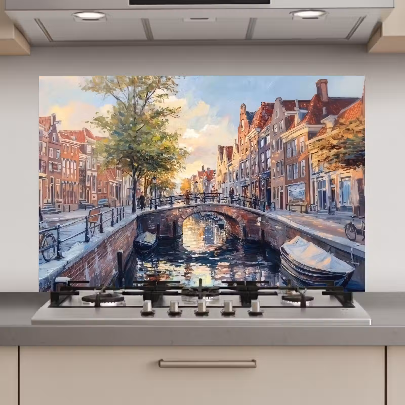 Spatscherm keuken - Brug - Stad - Huizen - Boot — 1